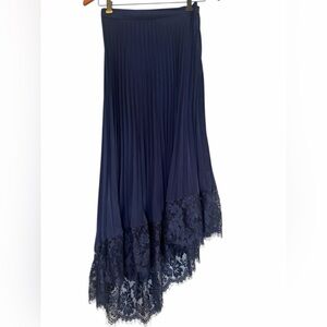 Elegant Navy Asymmetrical Pleated Skirt with Lace Trim